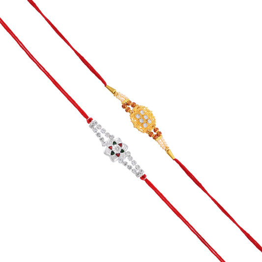 Brass Silver and Silver Goldplated CZ studded Handmade rakhi combo for Bhai and Bhabhi Rakshabandhan festival (Pack of 2)