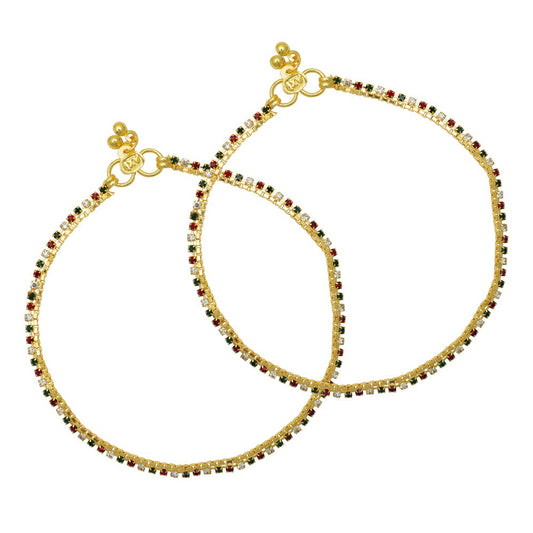 Gold plated Ruby, Emerald, Diamond Coloured prong CZ studded 10 Inch 12Gm real gold look, single liner rich looking Anklet