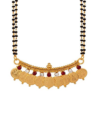 Gold plated, 9 Coin Laxmi, White and Red CZ Studded Ginni Lakshmi Mangalsutra