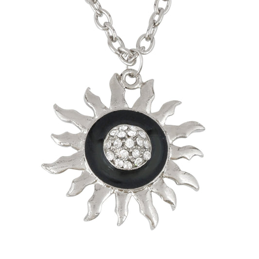 White AAA Cubic Zirconia Black Enamel, CZ, Sun design pendant necklace