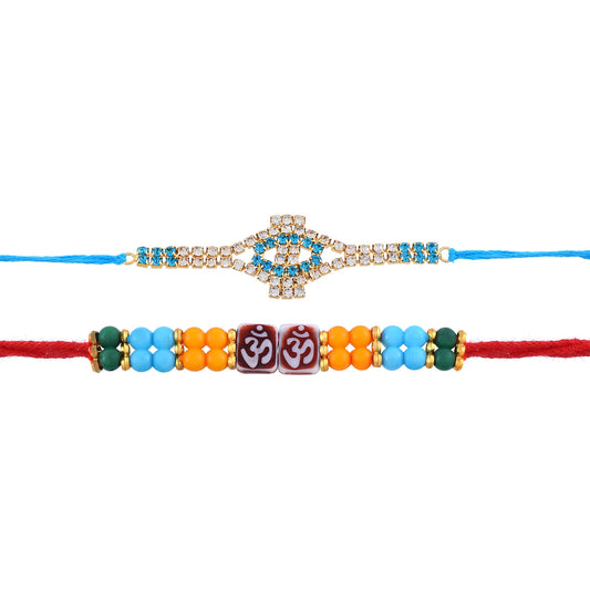 Silver Goldplated White and Blue CZ Rakhi + Swastik Beaded Rakhi Set for Bhai Bhabhi (Pack of 2)