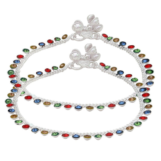 Multi coloured CZ Studded, adorned with ghungroo charms elegant payal pajeb anklet for Women