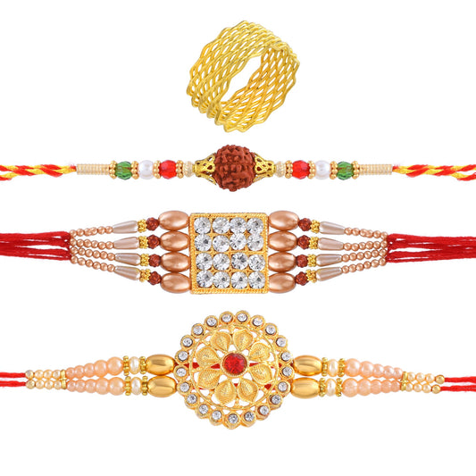 Goldplated Brass Imitation Diamond + Rudraksh 3 rakhi set combo Hamper for Bhaiya Bhabhi for Rakshabandhan (Pack of 3)