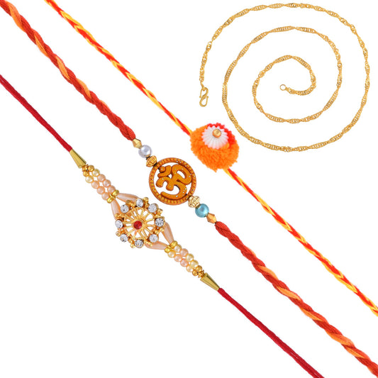 Silver Goldplated 3 Rakhi Set for Bhai Bhabhi Brother Bhaiya with Goldplated Brass chain