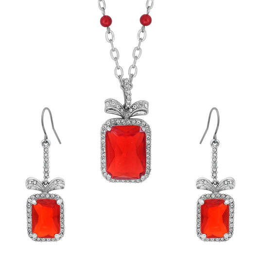 Platinum Plated Ruby Red Emerald Cut Octagon shape, White CZ studded with matching earring Stylish designer Fashion necklace set