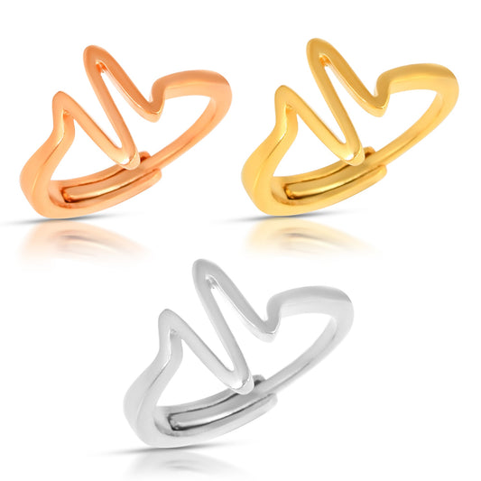 Brass Rose Gold Plated, Gold and Silver Plated 3 Heartbeat Pulse Adjustable Free Size Finger Ring Combo