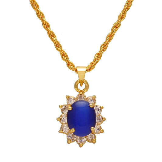 Gold plated CZ Titanic blue colour Oval shape Cabochon chain pendant