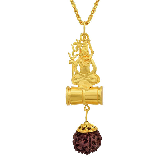 Gold plated, Shiva Damru, and Original Panchmukhi Rudraksh chain pendant