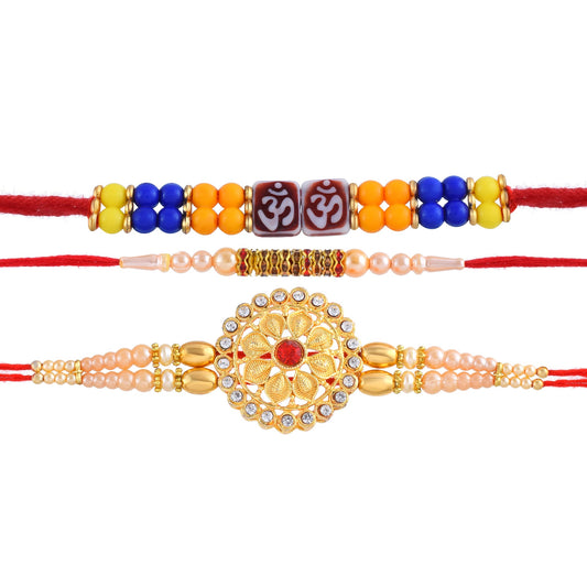 Goldplated CZ 3 Rakhi Set Bracelet kaleva combo for Bhaiya Bhabhi for Rakshabandhan festival (Pack of 3)