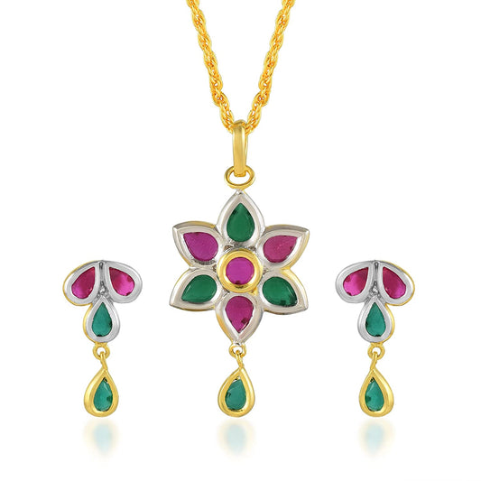 Brass Goldplated Faux Ruby Emerald chain pendant Set for Women