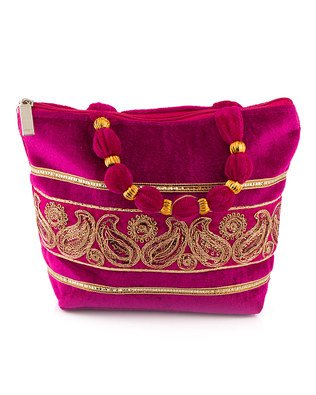 Silk Malmal Golden Rani-Pink Zari Work handmade Ethnic handbag Women