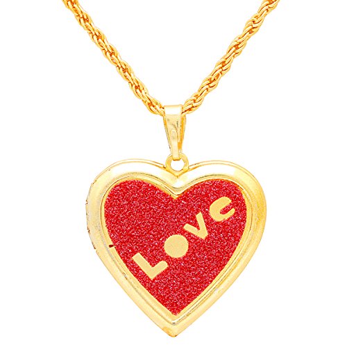 Gold Plated Love Embossed Red Colored Faux Drussy Openable Heart Locket Pendant