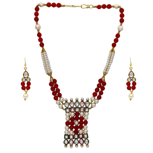 Simulated White and Red Pearl, Kundan Rani Haar with matching earrings necklace set