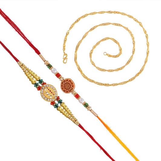 Silver Goldplated Imitation Rakhi + Lukcy Chakra Rakhi Set for Bhai Bhabhi Brother Bhaiya with Goldplated Brass chain combo hanper for Rakshabandhan (Pack of 3)