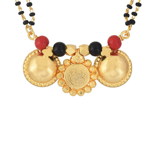 Gold plated Lakshmi 3 Coin, Ruby and Black Bead studded, Laxmi Coin & double Waati Mangalsutra