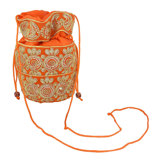 Silky Satin, Orange (Kesariya) handmade Zari Work Ethnic Potli handbag Women