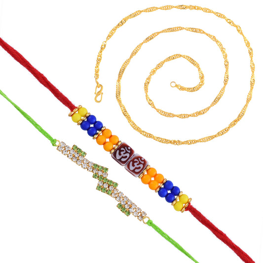 Brass Goldplated Multicolour CZ with Swastik two Rakhi combo with 22 Inch Brass Goldplated chain for Bhai and Bhabhi