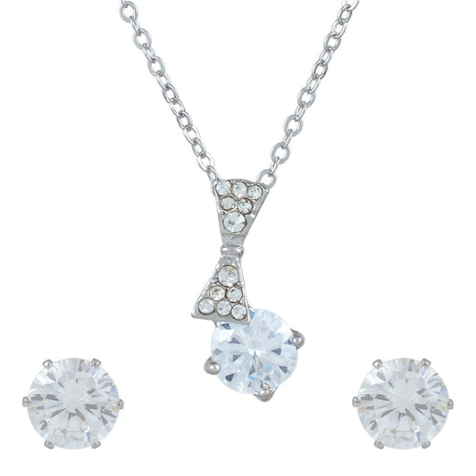 CZ Rhodium Anti-tarnish plated, Solitaire Diamond look, White pendant set with matching earring