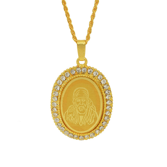 Gold plated CZ American Diamond, Shirdi SAI BABA image embossed Oval pendant Locket