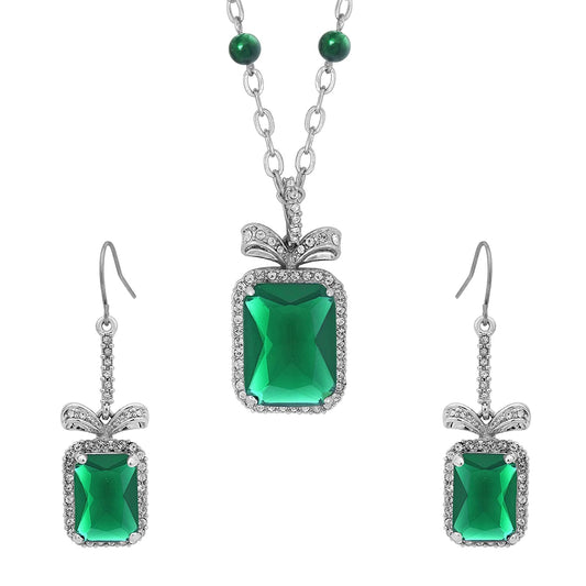 Platinum Plated Emerald Green Octagon shape Cut, White CZ studded with matching earring Stylish designer Fashion necklace set