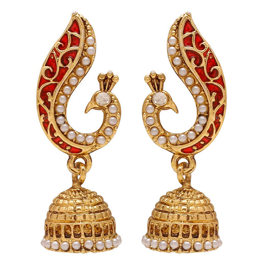 Gold Plated Red Meenakari Pearl Beaded Peacock Dangle & Drop Jhumki Earrings for Women