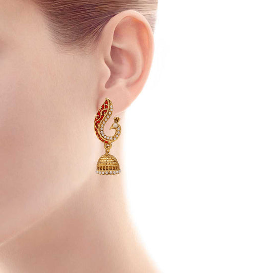 Gold Plated Red Meenakari Pearl Beaded Peacock Dangle & Drop Jhumki Earrings for Women