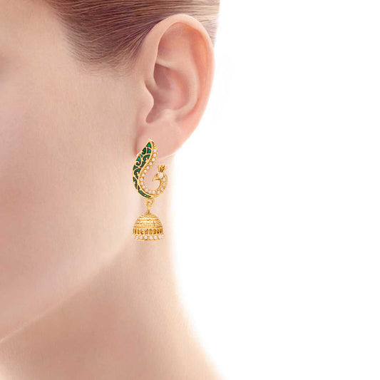 Gold Plated Green Meenakari Pearl Beaded Peacock Dangle & Drop Jhumki Earrings for Women