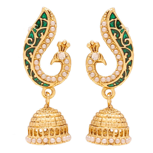 Gold Plated Green Meenakari Pearl Beaded Peacock Dangle & Drop Jhumki Earrings for Women