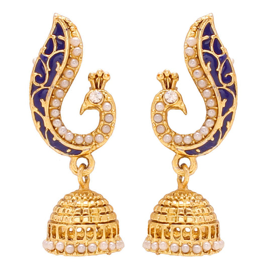 Gold Plated Peacock Blue color Meenakari Pearl Beaded Peacock design Dangle & Drop Jhumki Earrings