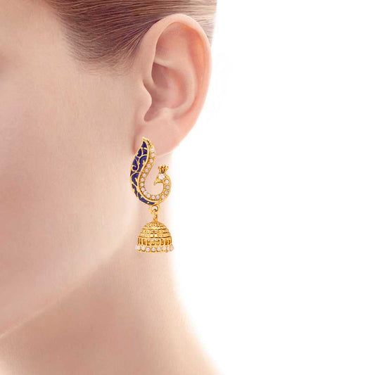 Gold Plated Peacock Blue color Meenakari Pearl Beaded Peacock design Dangle & Drop Jhumki Earrings