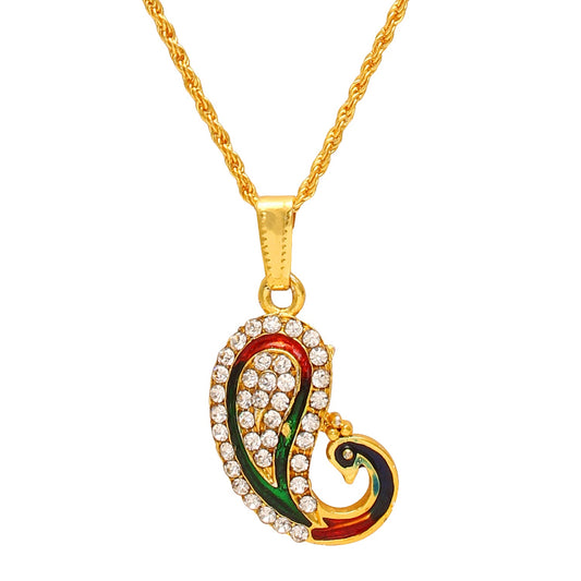 Gold plated CZ Meenakari Stylish designer Peacock shape Ethnic chain pendant necklace