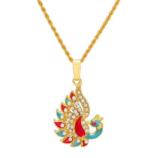 Gold plated CZ studded Colourful Stylish meenakari Ethnic Traditional Peacock design chain pendant