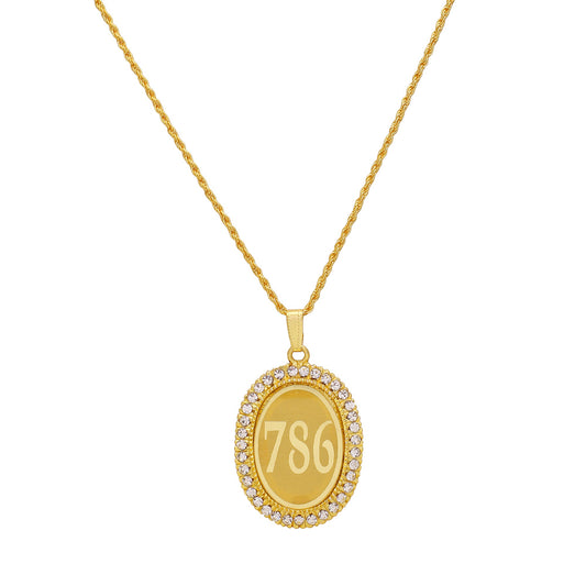 Gold plated CZ studded 786 letter engraved oval chain pendant