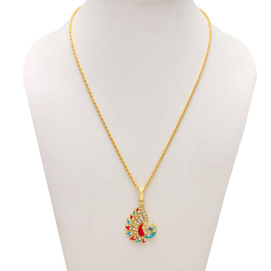 Gold plated CZ studded Colourful Stylish meenakari Ethnic Traditional Peacock design chain pendant