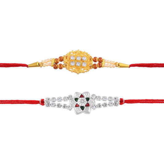 Brass Silver and Silver Goldplated CZ studded Handmade rakhi combo for Bhai and Bhabhi Rakshabandhan festival (Pack of 2)