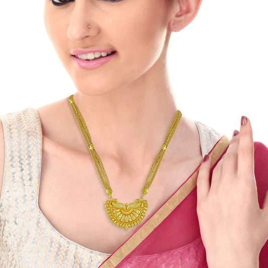 Gold plated Brass, Half moon shaped, Classic Hand chilai work, Traditional Mangalsutra