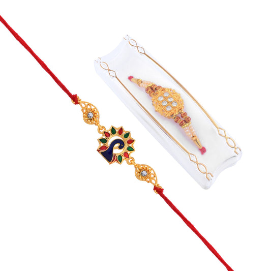 Brass Goldplated Handmade CZ two Rakhi combo with 22 Inch Brass Goldplated chain for Bhai and Bhabhi for Rakshabandhan festival