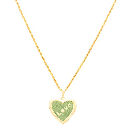 Gold plated Green Drussy Foil, Love embossed, openable Heart Locket pendant