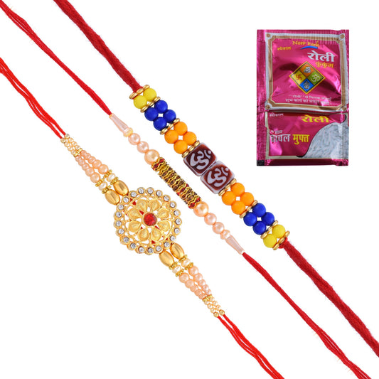 Goldplated CZ 3 Rakhi Set Bracelet kaleva combo for Bhaiya Bhabhi for Rakshabandhan festival (Pack of 3)