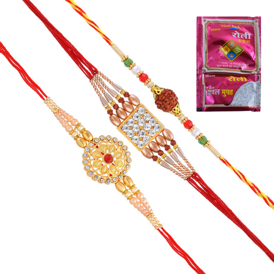 Goldplated Brass Imitation Diamond + Rudraksh 3 rakhi set combo Hamper for Bhaiya Bhabhi for Rakshabandhan (Pack of 3)