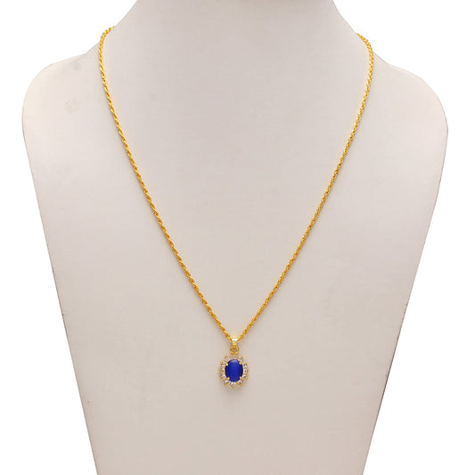 Gold plated CZ Titanic blue colour Oval shape Cabochon chain pendant