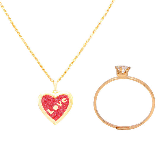 Gold plated Faux drussy Red heartshape photolocket and Gold plated CZ studded free size ring