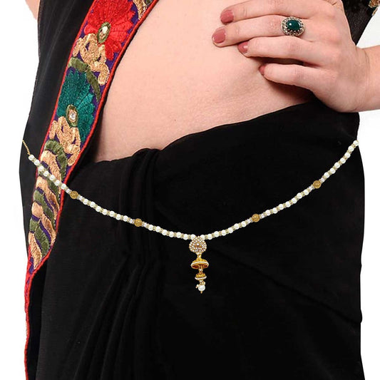 Gold Plated Pearl and White Crystal Beads Waistbelt Kamar bandh Women