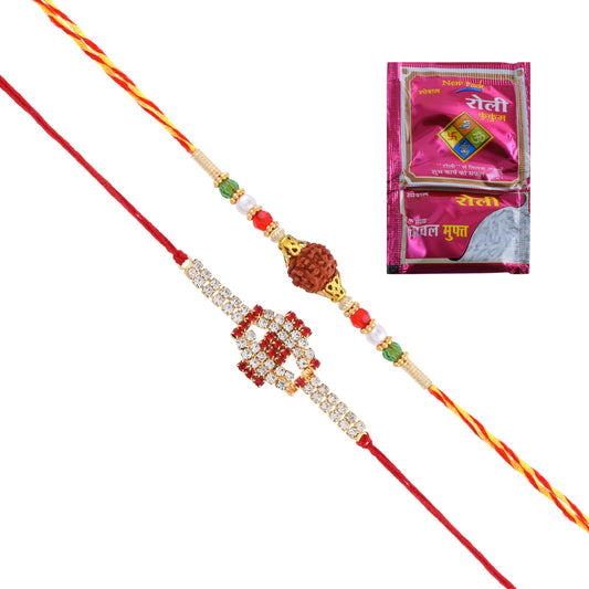 Silver Goldplated White and Red CZ Rakhi + Real Panchmukhi Rudraksh Rakhi Set for Bhai Bhabhi (Pack of 2)