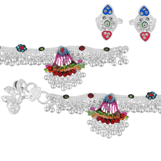 Silver plated Broad and Bold colourful floral Anklets Payal for Women (AKRM6052)