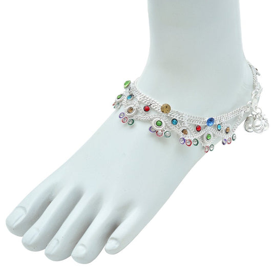 Silver plated CZ studded Jhalar and Chain ghungroo Anklet for Women