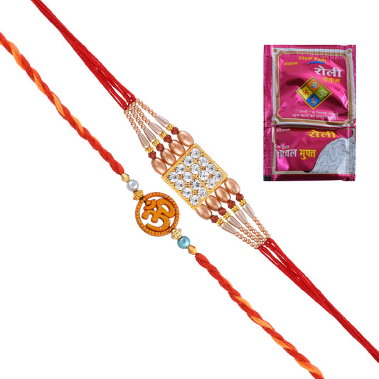 Goldplated Imitation Diamond and OM Rakhi Set for Bhaiya Bhabhi (Pack of 2)