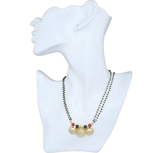 Gold plated Lakshmi 3 Coin, Ruby and Black Bead studded, Laxmi Coin & double Waati Mangalsutra