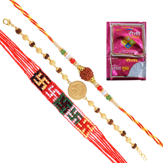 Brass Goldplated SaiBaba Rudraksh Rakhi Bracelet with Oroiginal Purified Rudkrash Combo for Bhai Bhabhi