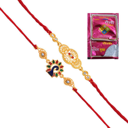 Silver and Goldplated Rakhi Set for Bhai Bhabhi Brother Bhaiya with Goldplated Brass chain for Rakshabandhan (Pack of 3)